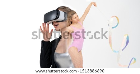 Double exposure of girl in virtual reality glasses and girl with gymnastic ribbon. VR gives to people opportunity to be whoever you want. The girl dreams of becoming a gymnast. Dreams come true