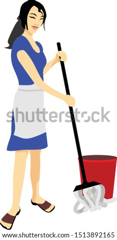 Mopping Girl Home Vector Illustration