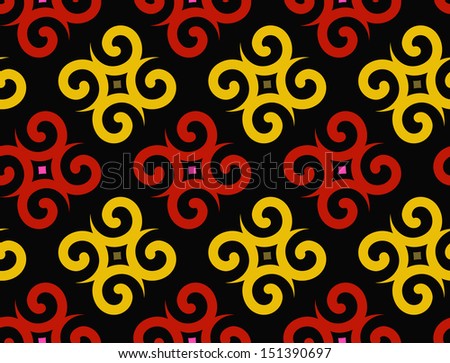 Seamless Vector Pattern with Repeated Decorative Red / Yellow Twirl Elements on Black