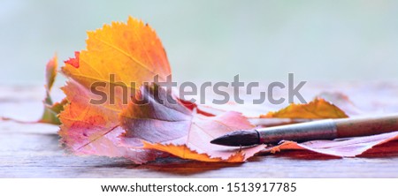 Art brush lies on red and yellow leaves. Blurred background. Concept - autumn colors. Art education.
