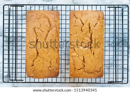 Two freshly baked loaves of pumpkin bread resting on a cooling rack over a white and grey marble background. Image shot from top view.