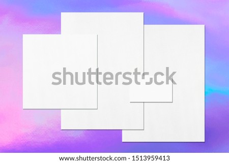 Empty white office stationery mockups with soft shadows on holographic background. Flat lay, top view