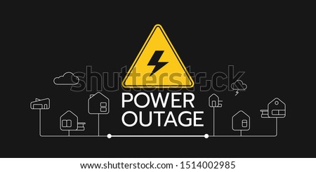 The power outage banner with a warning sign the one is on the solid black background also there are the outline icons of houses connect each other. Royalty-Free Stock Photo #1514002985