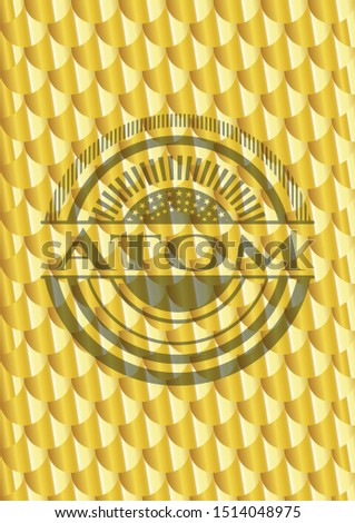 Atom gold badge. Scales pattern. Vector Illustration. Detailed.
