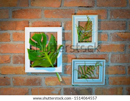 Green leaves put in a picture frame, hung on an orange brick wall.