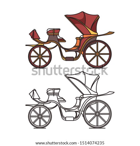 Open carriage of XIX century. Victorian or French chariot. Retro calash or buggy for marriage, caleche wagon for transportation. Isolated coach, outline or contour of cab. Retro and vintage, victoria
