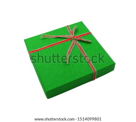 green present gift square box red bow tie ribbon isolated on white background with clipping path