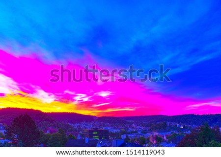 Colorful sunrise over the city.