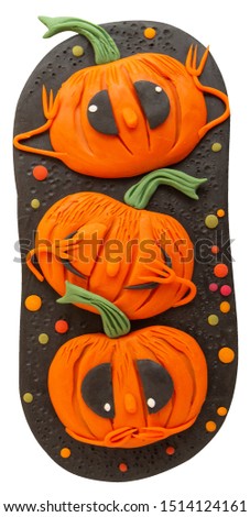 Plasticine picture, for Halloween, from the symbols of the holiday, pumpkin, black cat, bat, for cards, posters, web design, design graph, for children's creativity