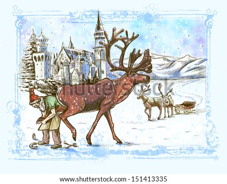 Full-sized (original) hand drawing. Christmas theme. Santa Claus prepares a reindeer before Christmas driving (replaced horseshoe). Color version (no.3).