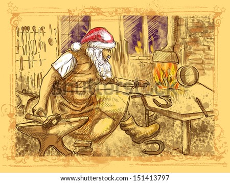 Full-sized (original) hand drawing. Christmas theme. Santa Claus in the smithy manufactures horseshoes (for his reindeer). Color version (no.3)