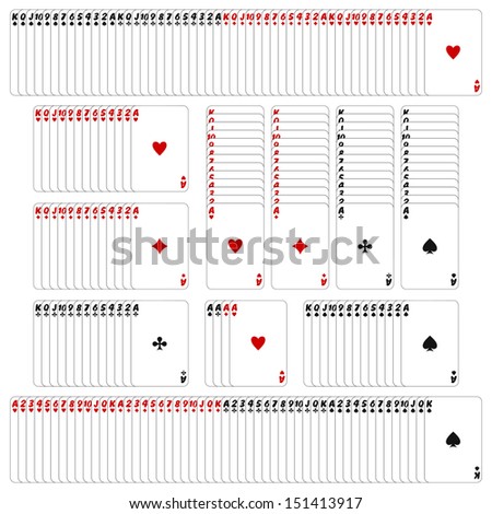 Set of rows of playing cards on a white background. 