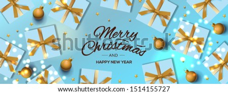 Christmas banner. Holiday horizontal background, header for website. Xmas blue background, design with realistic gift boxes, bauble, and golden ball. New Year's gifts top view.