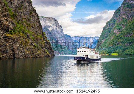 Panoramic  view of Sognefjord, one of the most beautiful fjords in Norway Royalty-Free Stock Photo #1514192495