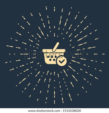 Beige Shopping basket with check mark icon isolated on dark blue background. Supermarket basket with approved, confirm, tick, completed symbol. Abstract circle random dots. Vector Illustration