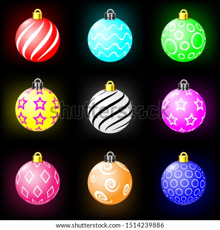 Set of colorful christmas balls. Decorative elements for holiday new year design. Vector illustration.
