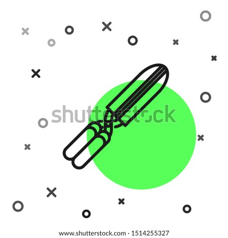 Black line Gardening handmade scissors for trimming icon isolated on white background. Pruning shears with wooden handles.  Vector Illustration