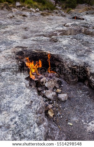 Yanartas burning stones is a geographical feature near the Olympos valley and national park in Antalya Province in southwestern Turkey