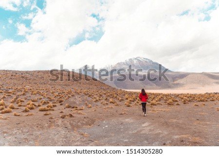 Tourist Woman with ramatic mountain landscape. Pretty wake lake landscape with mountain background. Mountain range view, shot in Salt Flats of Uyuni, Bolivia. Copy space, blue sky and green foreground