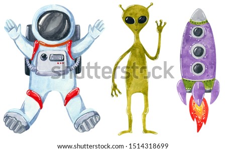 Space clipart set, hand drawn watercolor illustration isolated on white.