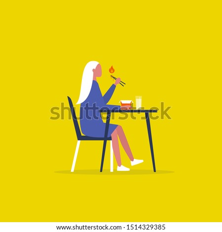 Hot spicy asian food. Fastfood to go. Noodle box. Young female character holding chopsticks. Lunch. Daily routine. Flat editable vector illustration, clip art