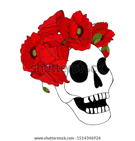 The day of the Dead. Skull with a wreath of red flowers. Beautiful poppies on a funny skull. Template for t-shirts, invitations, cards or fabrics. Halloween motive.