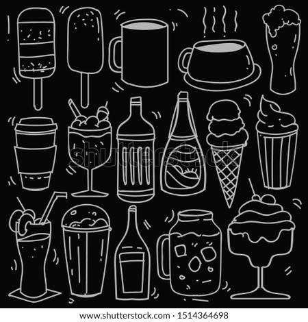 Hand drawn of beverages in doodle style isolated on black background, Vector hand drawn set beverages theme. Vector illustration