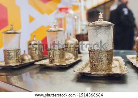 Turkish tea set. Ottoman teacup with traditional arabic ornaments.