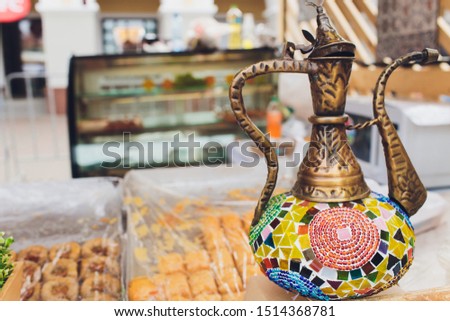 Turkish tea set. Ottoman teacup with traditional arabic ornaments.
