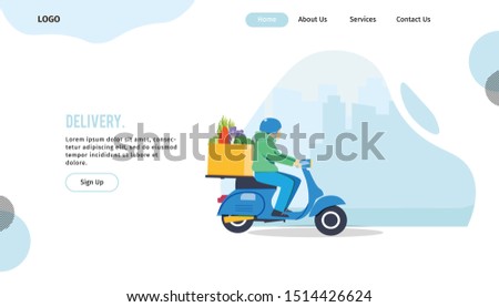 Flat vector concept illustration. Man delivery packaging box to customers. Creative landing web page design template banner.