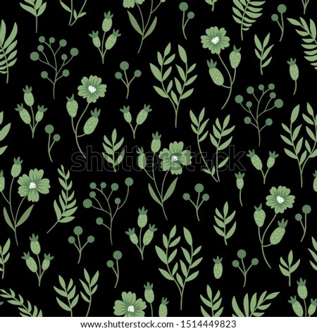 Vector green floral seamless pattern. Hand drawn flat simple trendy illustration with flowers and leaves on black background. Repeating texture with meadow, garden, forest plants.