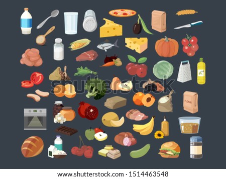 A set of icons with images of products. There are icons with meat products, smoked products and fats of animal origin, groceries in the form of grains of manna and buckwheat, fruits. Royalty-Free Stock Photo #1514463548