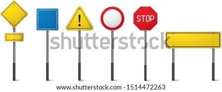 Set of road signs isolated. Direction traffic signs boards on metal stand, empty pointer post and directing signboard.  Royalty-Free Stock Photo #1514472263