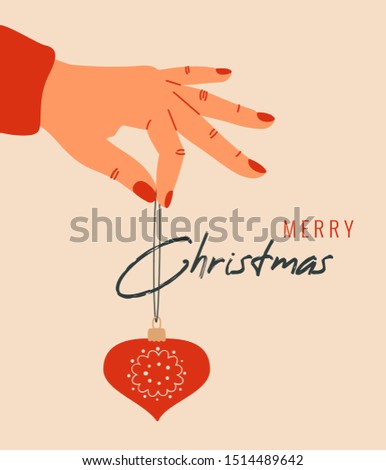 Christmas illustration with human hand holds red xmas toy. Vector festive concept for Merry Christmas and Happy new year