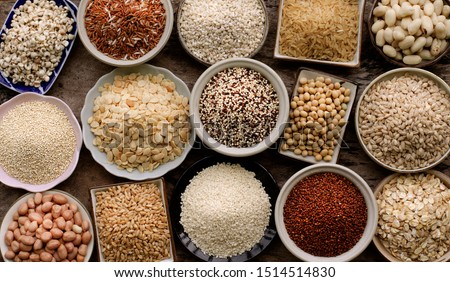 Top view of veriety natural organic cereal and grain seed for healthy food ingredient or agricultural product concept Royalty-Free Stock Photo #1514514830