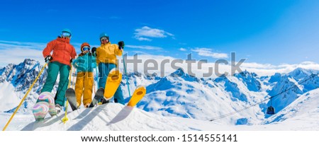 Ski in winter season, mountains and ski touring equipments on the top in sunny day in France, Alps above the clouds.
 Royalty-Free Stock Photo #1514555141