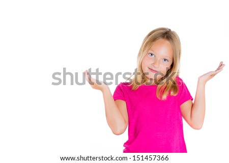 Closeup portrait of cute, adorable child girl with hands up in air saying, i don't know or so what, isolated on white background with copy space Royalty-Free Stock Photo #151457366