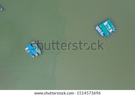 Aerial view of the fisherman wooden fish boats on Open Sea at Sabah, Borneo