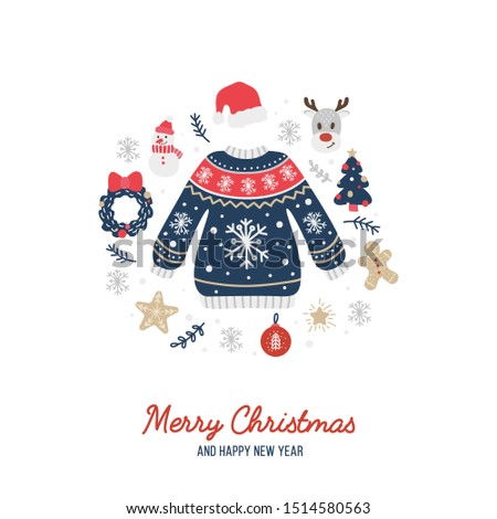 Merry Christmas greeting card with cute warm sweater vector illustration. Holiday congratulations Happy New Year with xmas symbols flat style concept. Isolated on white