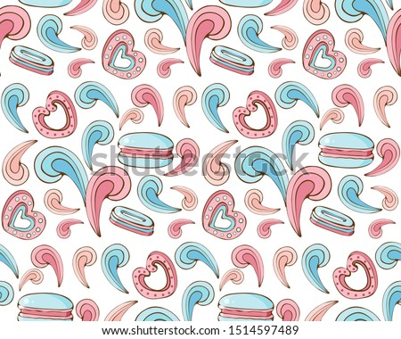 Seamless pattern of sweets, cookies,  marshmallow, macaron in vector. Sweet pastries and pastry isolated on white background. Hand drawn in vintage style. Delicate, pastel colors. 