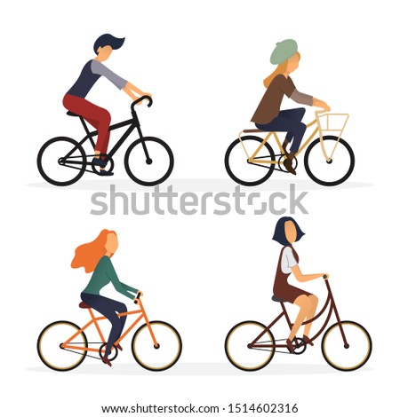 Collection of people riding bicycles of various types, Set of cartoon men, women and children on bikes. Colorful vector illustration.