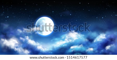 Full moon in night sky with stars and clouds. Starry heaven with moonlight romantic fantasy landscape, natural cloudscape scene background, midnight time, space view. Realistic 3d vector illustration Royalty-Free Stock Photo #1514617577