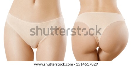 Types of panties. Back front view. Close up Women set of different flesh-colored beige underwear with blank template mock up background.Place for copy space. Female butt lift concept and hygiene.