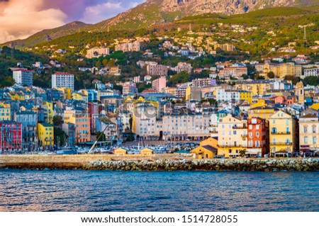 Beautiful panorama of city of Bastia in Corsica. Aerial skyline view of the capital of the island Corsica.