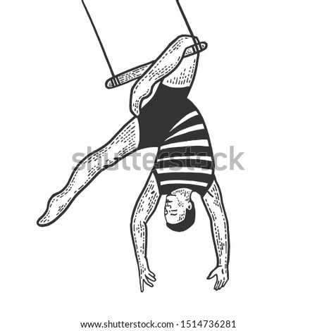 Circus acrobat hanging on trapeze performance sketch line art engraving vector illustration. Scratch board style imitation. Black and white hand drawn image.