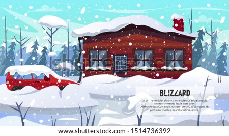 Winter Season Blizzard Warning. Car House Building in Forest Covered Snow Vector Illustration. Snowstorm Snowfall Weather. Dangerous Slippery Road Snowdrift Street. Natural Disaster Royalty-Free Stock Photo #1514736392