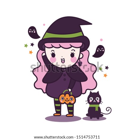 Cute witch halloween girl vector kawaii cartoon trick or treat october festival holiday dark night, Fancy dress, Doodle Nursery decoration, hand drawn character. Perfect for child greeting card, Print