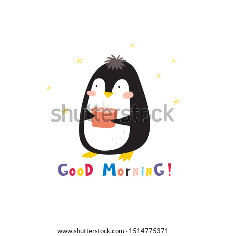 Cartoon cute penguins vector character. Christmas print with penguins in hats. Good morning card. Bright funny cartoon card .