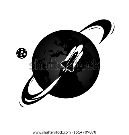 Vector illustration of space interstellar travels, universe and distant galaxies. spacecraft, rocket or shuttle for space travel or mission. Clerks working together on startup comp