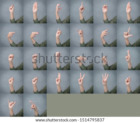 Crop shot: Hand of a woman demonstrating english alphabet letters from A to Z for teaching deaf handicap. Hands sign, Unspoken, Nonverbal, Disability, American Sign Language (ASL).